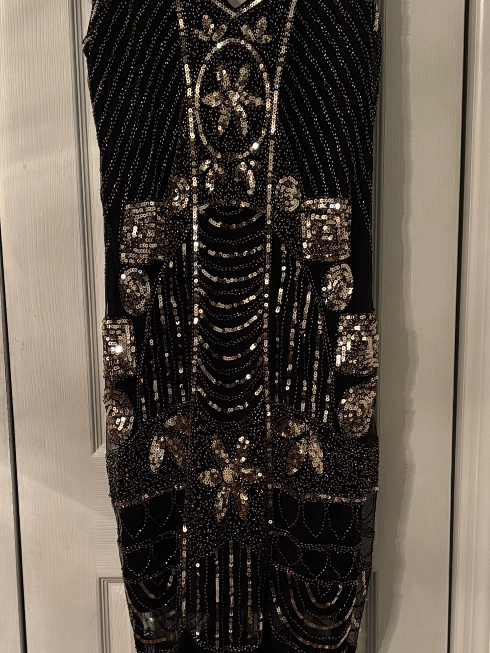 Pretty Guide 1920s Style Flapper Dress Black w/Gold Sequins & Beads-Lg